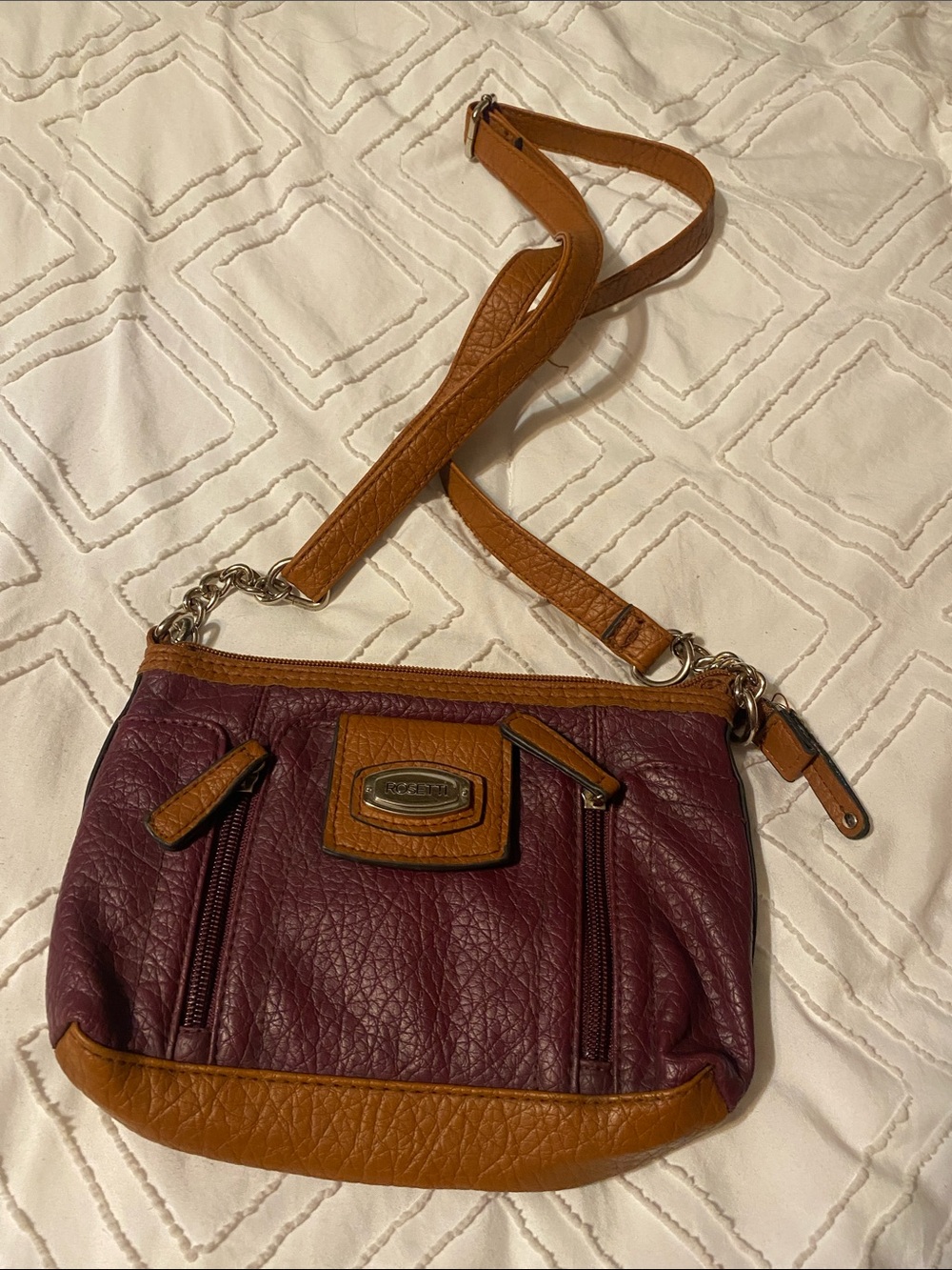 Rosetti Two-Tone Leather Crossbody in Burgundy and Tan